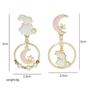 Asymmetric Rabbit Star Moon Earrings,Cute Bunny Pearl Crystal Drop Earring for Women Party Jewelry Gifts (Pink)