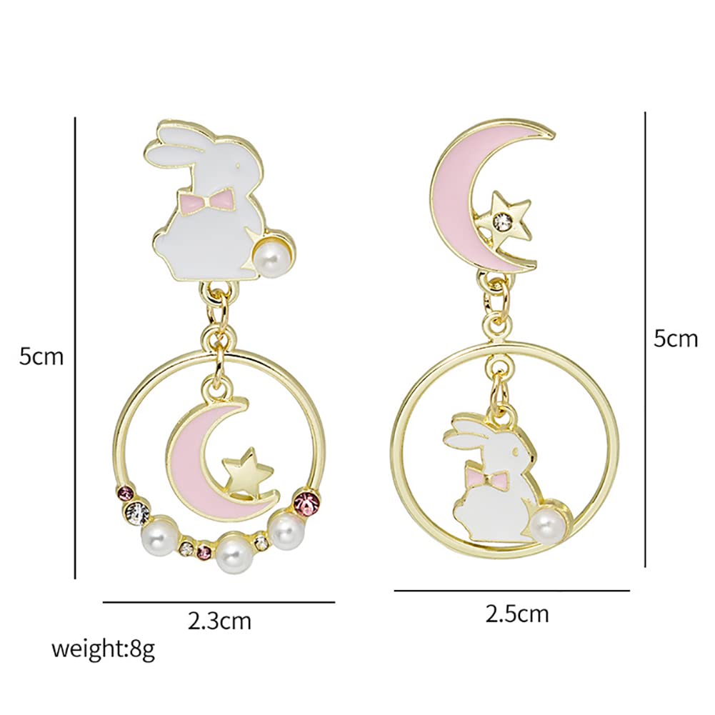 Asymmetric Rabbit Star Moon Earrings,Cute Bunny Pearl Crystal Drop Earring for Women Party Jewelry Gifts (Pink)