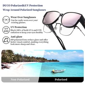 DUCO Fit Over Sunglasses for Men Women Wear Over Glasses Retro Wrap Around Polarized Sun Glasses UV400 Protection (A-Black Frame Revo Pink Lens)