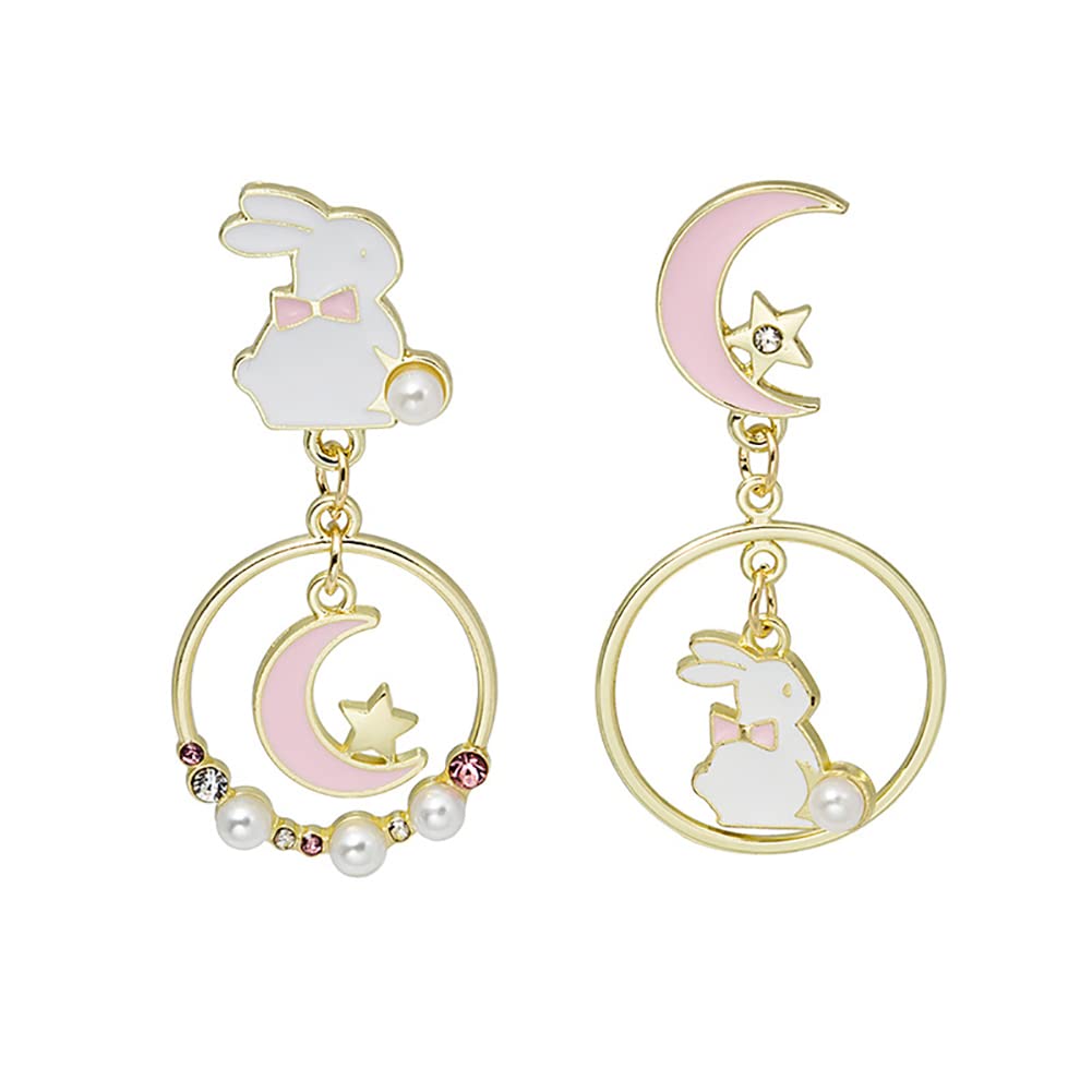 Asymmetric Rabbit Star Moon Earrings,Cute Bunny Pearl Crystal Drop Earring for Women Party Jewelry Gifts (Pink)