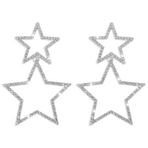 Rhinestone Big Star Dangle Earrings for Women Girls Hypoallergenic Crystal Long Tassel Stars Charms Drop Dangling Stud Fashion Lightweight Festival Christmas Birthday Ornament Jewelry Dainty Gifts for Friends Fans (Silver)