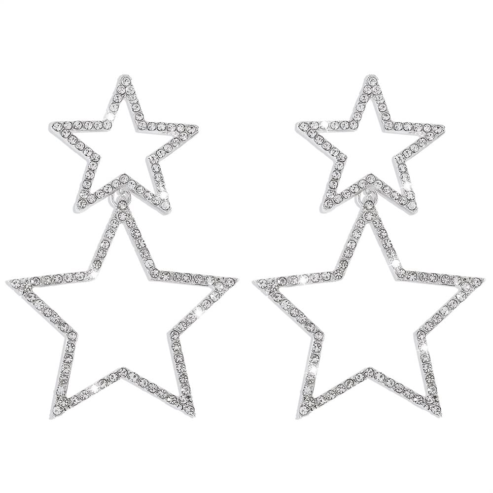 Rhinestone Big Star Dangle Earrings for Women Girls Hypoallergenic Crystal Long Tassel Stars Charms Drop Dangling Stud Fashion Lightweight Festival Christmas Birthday Ornament Jewelry Dainty Gifts for Friends Fans (Silver)