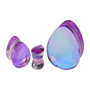 mystic metals body jewelry pair of purple faceted iridescent glass teardrop double flare plugs (pg-589) (5/8" (16mm))