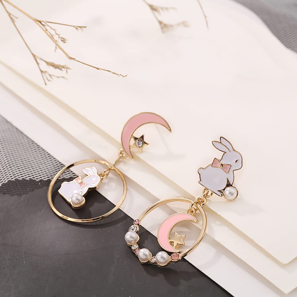 Asymmetric Rabbit Star Moon Earrings,Cute Bunny Pearl Crystal Drop Earring for Women Party Jewelry Gifts (Pink)