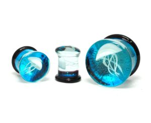 mystic metals body jewelry pair of blue glass with white jelly fish double flare plugs (pg-588) (0g (8mm))