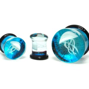 Mystic Metals Body Jewelry Pair of Blue Glass With White Jelly Fish Double Flare Plugs (PG-588) (0g (8mm))