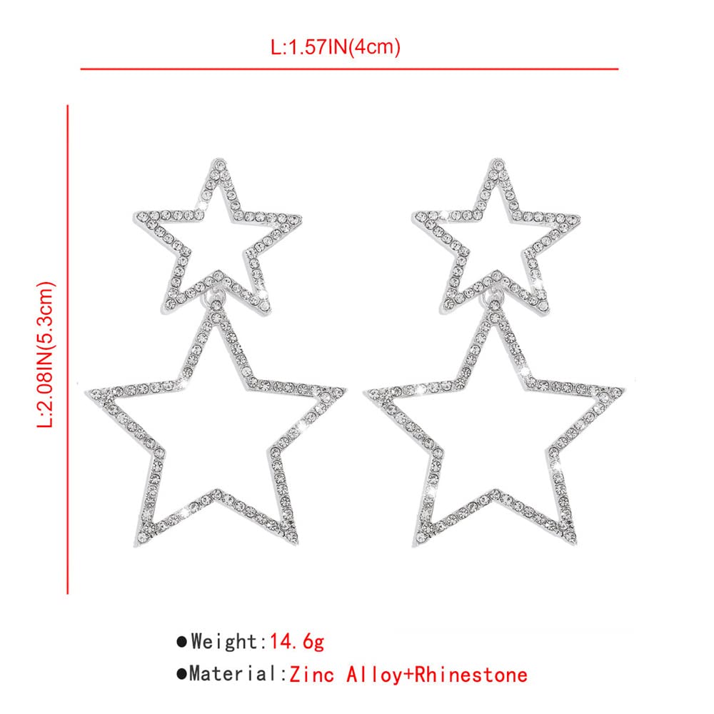 Rhinestone Big Star Dangle Earrings for Women Girls Hypoallergenic Crystal Long Tassel Stars Charms Drop Dangling Stud Fashion Lightweight Festival Christmas Birthday Ornament Jewelry Dainty Gifts for Friends Fans (Silver)