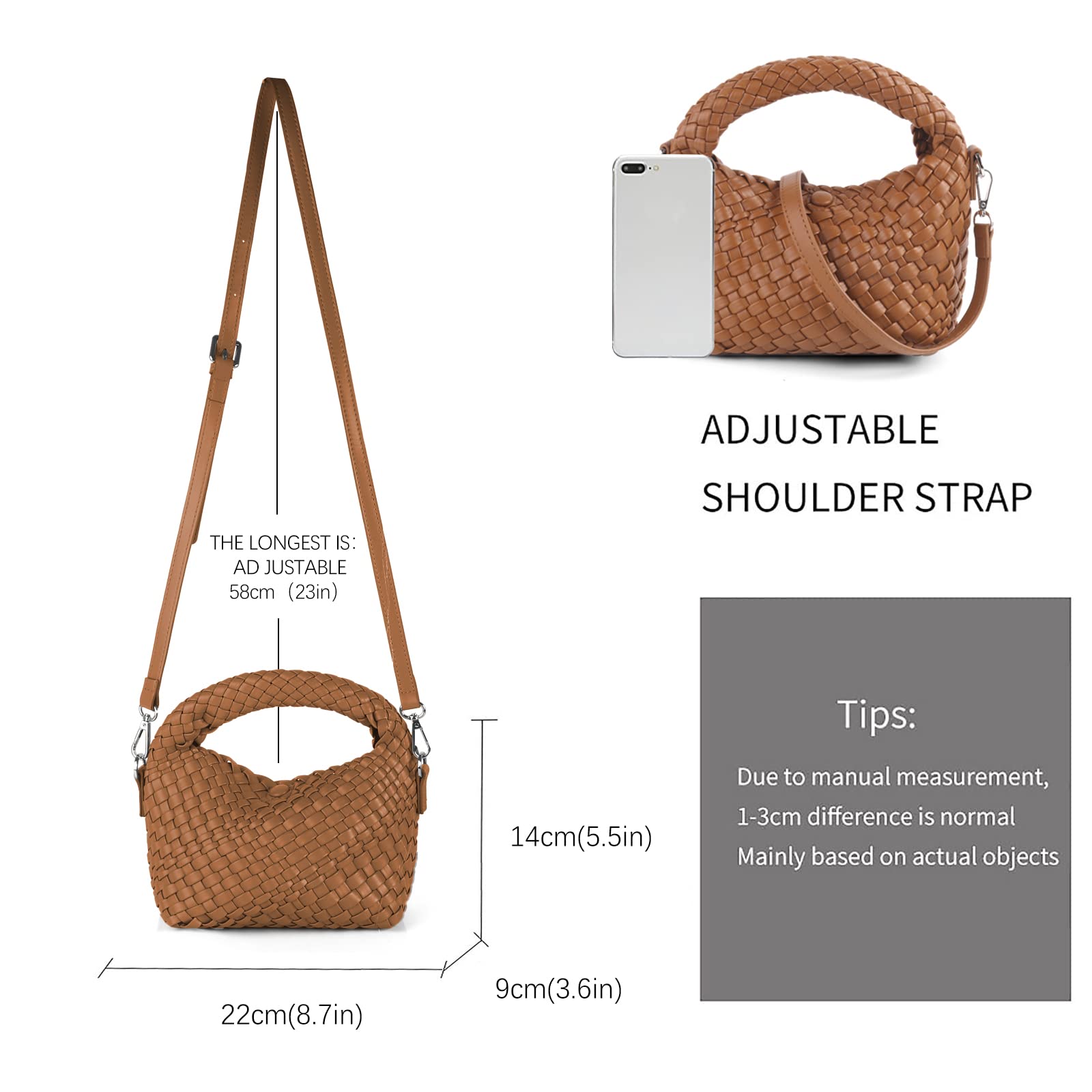 Women Woven Tote Small Crossbody Bag, Weave Quilted Purse Square Shoulder Bag Woven Handbag with Detachable Strap (Brown)