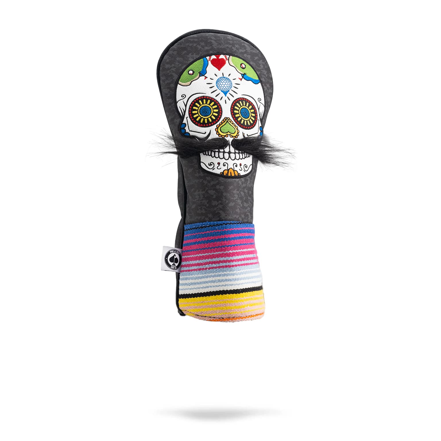 Pins & Aces LE Sugar Skull Mustache Fairway Wood Head Cover - Premium, Hand-Made Leather 3W or 5W Headcover - Funny, Tour Quality Golf Club Cover - Style and Customize Your Golf Bag Grey Camo