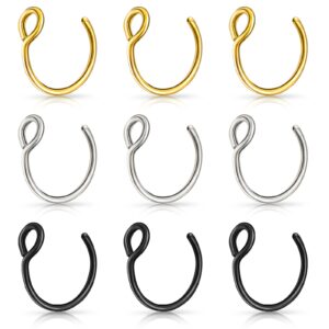 lusofie 9pcs fake nose rings，fake nose ring hoop stainless steel nose hoop for faux lip septum nose ring set