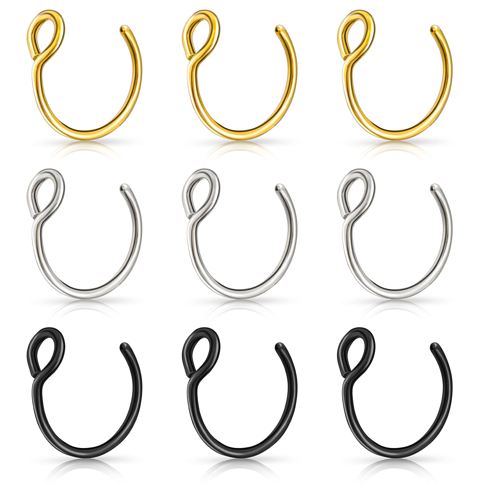 Lusofie 9Pcs Fake Nose Rings，Fake Nose Ring Hoop Stainless Steel Nose Hoop for Faux Lip Septum Nose Ring Set