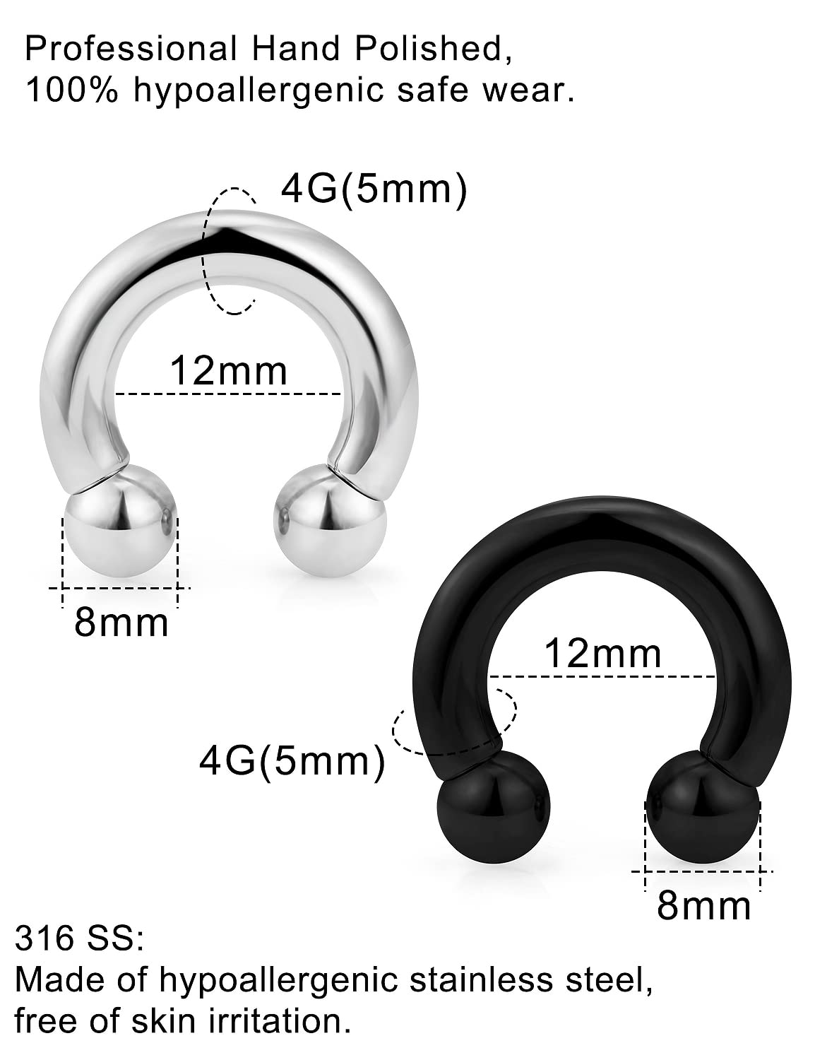 Hnxnskt Good Weithts for Stretched Ears Gauges Earrings 4G Surgical Steel Large Septum Rings PA Ring Internally Threaded Circular Horseshoe Barbells Body Piercing Jewelry for Women Men 4 Pieces 1#