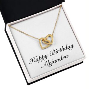 Happy Birthday Alejandra - 18K Yellow Gold Finish Interlocking Hearts Necklace Personalized Name