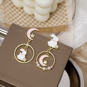 Asymmetric Rabbit Star Moon Earrings,Cute Bunny Pearl Crystal Drop Earring for Women Party Jewelry Gifts (Pink)