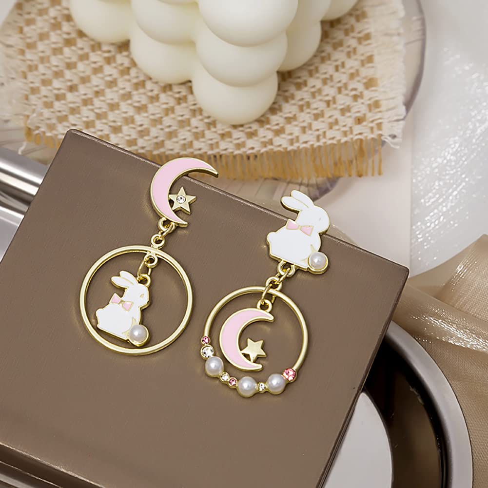 Asymmetric Rabbit Star Moon Earrings,Cute Bunny Pearl Crystal Drop Earring for Women Party Jewelry Gifts (Pink)