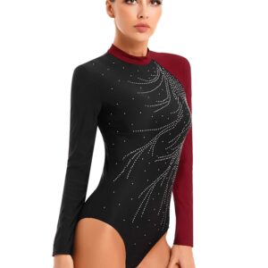 dPois Womens Gymnastics Leotards Long Sleeve Shiny Dance Ballet Performance Unitards Bodysuit Top Dancewear Burgundy Medium