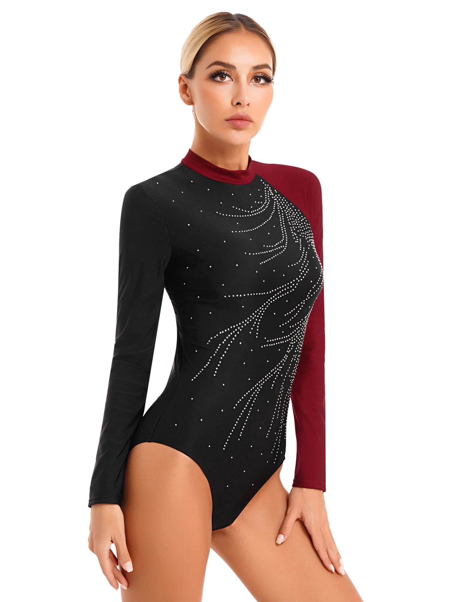 dPois Womens Gymnastics Leotards Long Sleeve Shiny Dance Ballet Performance Unitards Bodysuit Top Dancewear Burgundy Medium