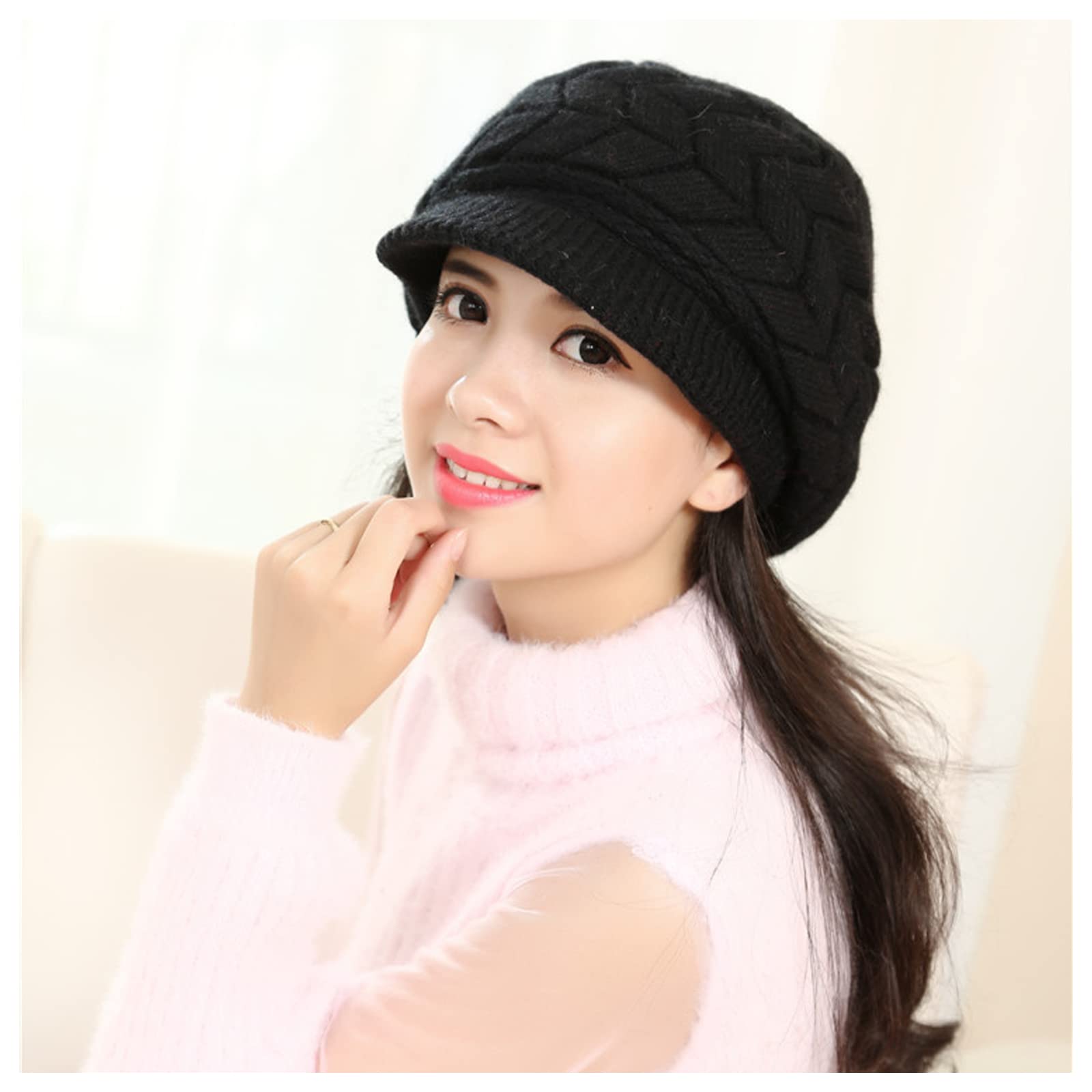 Andiker Winter Knit Hat for Women, Slouchy Beanies Cap with Brim, Warm Fleece Lined Women Thick Hat (Black)