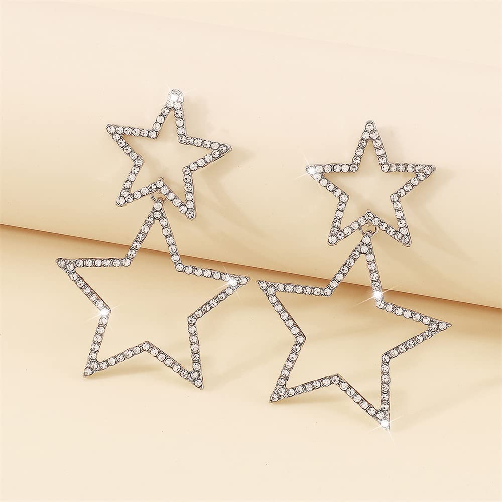 Rhinestone Big Star Dangle Earrings for Women Girls Hypoallergenic Crystal Long Tassel Stars Charms Drop Dangling Stud Fashion Lightweight Festival Christmas Birthday Ornament Jewelry Dainty Gifts for Friends Fans (Silver)