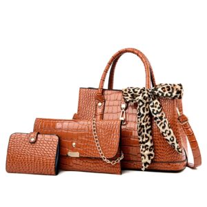 jhvyf women classic shoulder bag lady faux patent leather tote bags retro handbags with leopard print ribbon bow crossbody bag 3pcs set brown