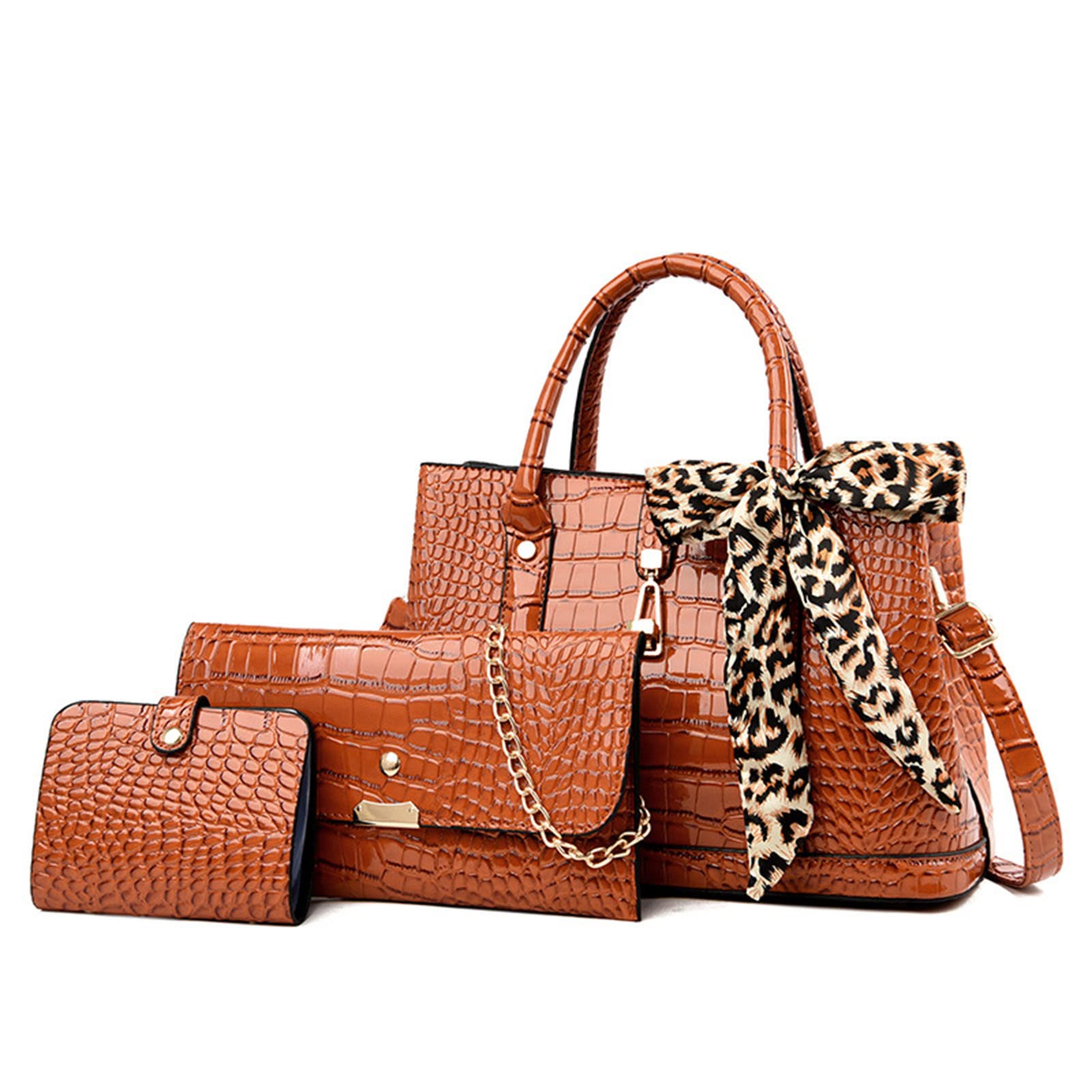 JHVYF Women Classic Shoulder Bag Lady Faux Patent Leather Tote Bags Retro Handbags With Leopard Print Ribbon Bow Crossbody Bag 3pcs Set Brown