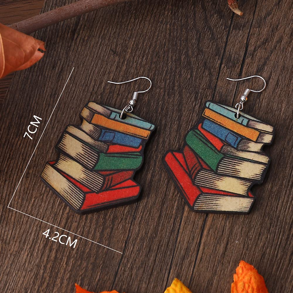 HILOLOA Teacher Earrings Book Lover Gift Double Sided Wooden Earrings for Women Back to School Gifts for Students Cute Teacher Appreciation Gifts Dangling Earring-book