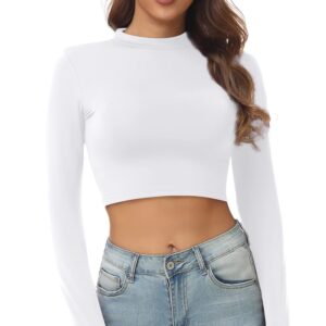 AUHEGN Women's Crop Topss Mock Turtleneck Long Sleeve Lightweight Base Layer Shirts White X-Large