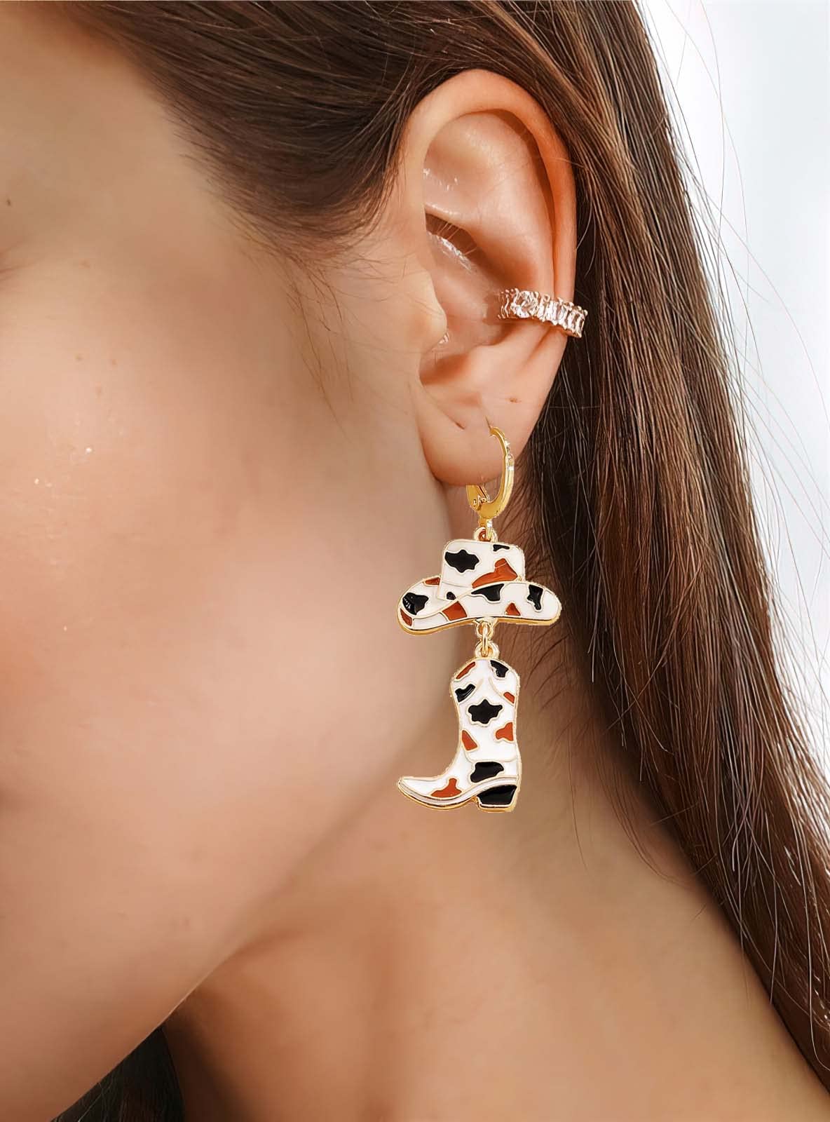 MOEPAPA Cowboy Boot Hat Earrings Cow Print Western Country Dangle Earrings Handmade Cute Nashville Cowgirl Dangling Earrings Jewelry for Women