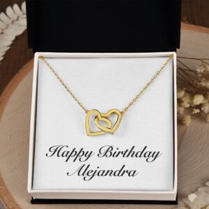 Happy Birthday Alejandra - 18K Yellow Gold Finish Interlocking Hearts Necklace Personalized Name