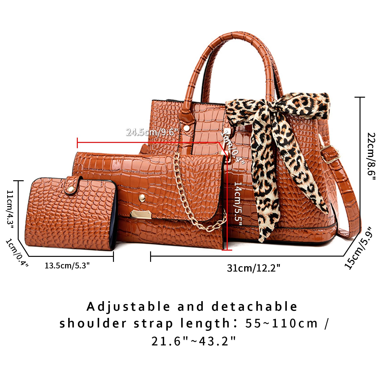 JHVYF Women Classic Shoulder Bag Lady Faux Patent Leather Tote Bags Retro Handbags With Leopard Print Ribbon Bow Crossbody Bag 3pcs Set Brown