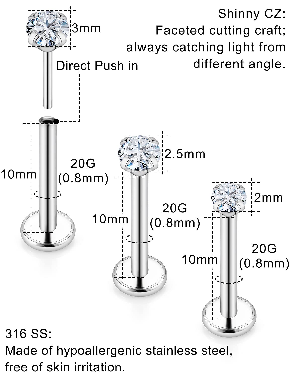 Hnxnskt Threadless Push in Nose Rings Studs Surgical Steel Medusa Piercing Jewelry Lip Rings Labret Monroe Tragus Helix Cartilage Earrings Studs for Women Men 20G 10MM Bar Length