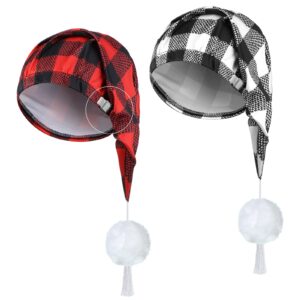 Janmercy 2 Pcs Sleeping Cap for Men Adjustable Sleep Cap Men Buffalo Plaid Night Hat Adult with Ball Tassel(Black, White, Red)