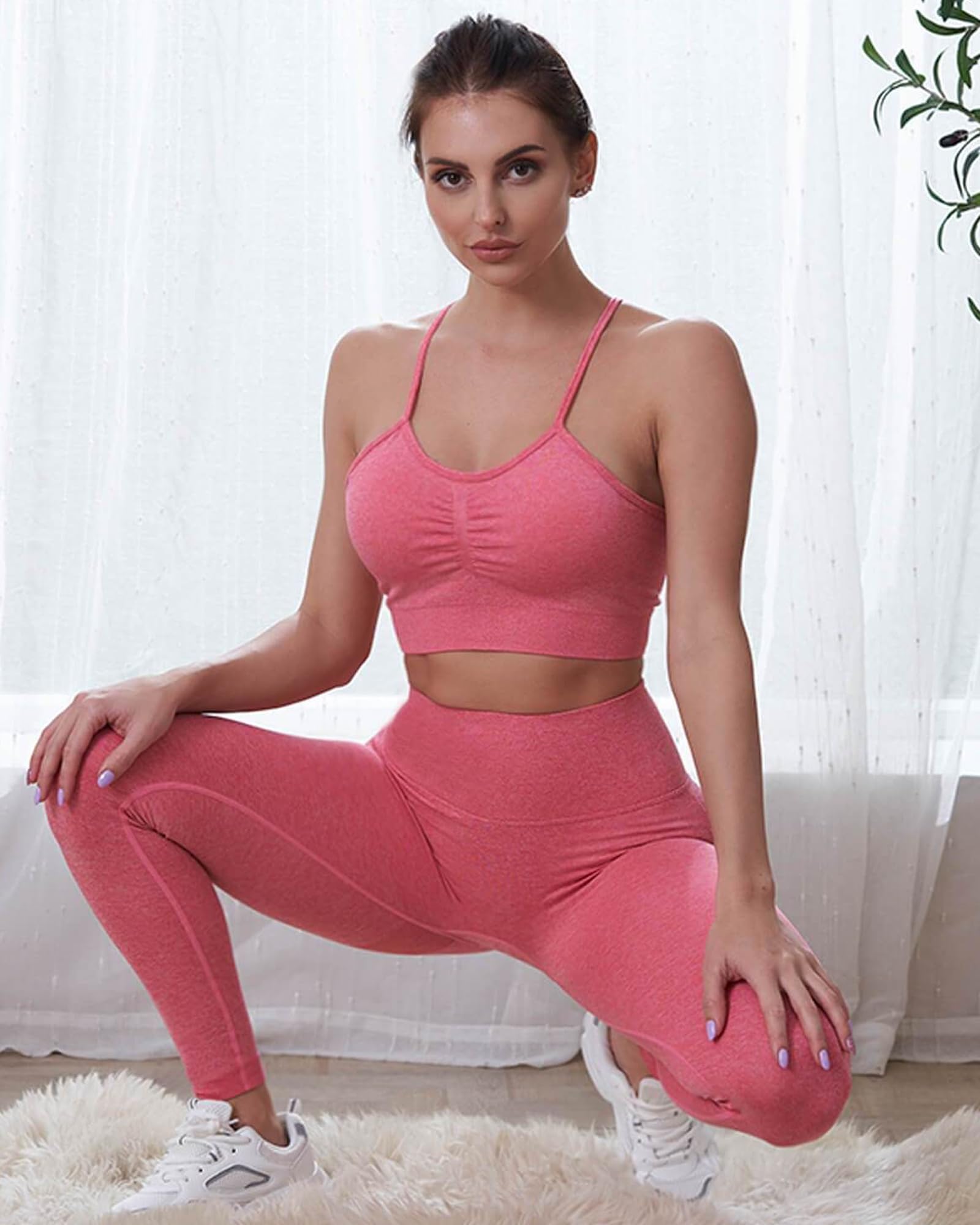 3 Piece Workout Sets for Women Scrunch Butt Lift Leggings Shorts with Pleated Strappy Sports Bra Active Outfits (Pink- 3 Piece,M)