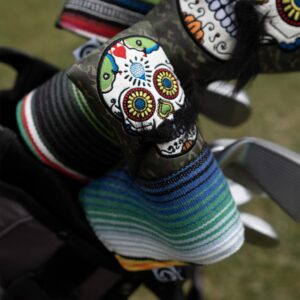 Pins & Aces LE Sugar Skull Mustache Blade Putter Head Cover - Premium, Hand-Made Leather Putter Headcover - Funny, Tour Quality Golf Club Cover - Style and Customize Your Golf Bag (Green Camo)