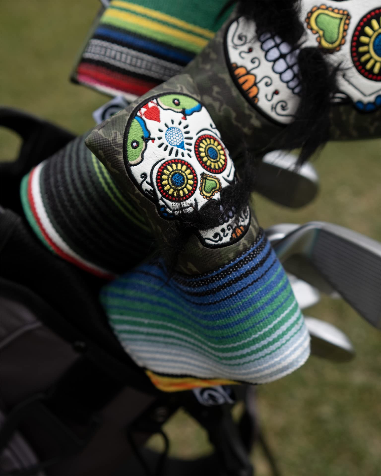 Pins & Aces LE Sugar Skull Mustache Blade Putter Head Cover - Premium, Hand-Made Leather Putter Headcover - Funny, Tour Quality Golf Club Cover - Style and Customize Your Golf Bag (Green Camo)