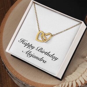 Happy Birthday Alejandra - 18K Yellow Gold Finish Interlocking Hearts Necklace Personalized Name