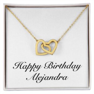 Happy Birthday Alejandra - 18K Yellow Gold Finish Interlocking Hearts Necklace Personalized Name