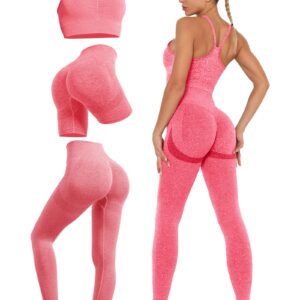 3 Piece Workout Sets for Women Scrunch Butt Lift Leggings Shorts with Pleated Strappy Sports Bra Active Outfits (Pink- 3 Piece,M)