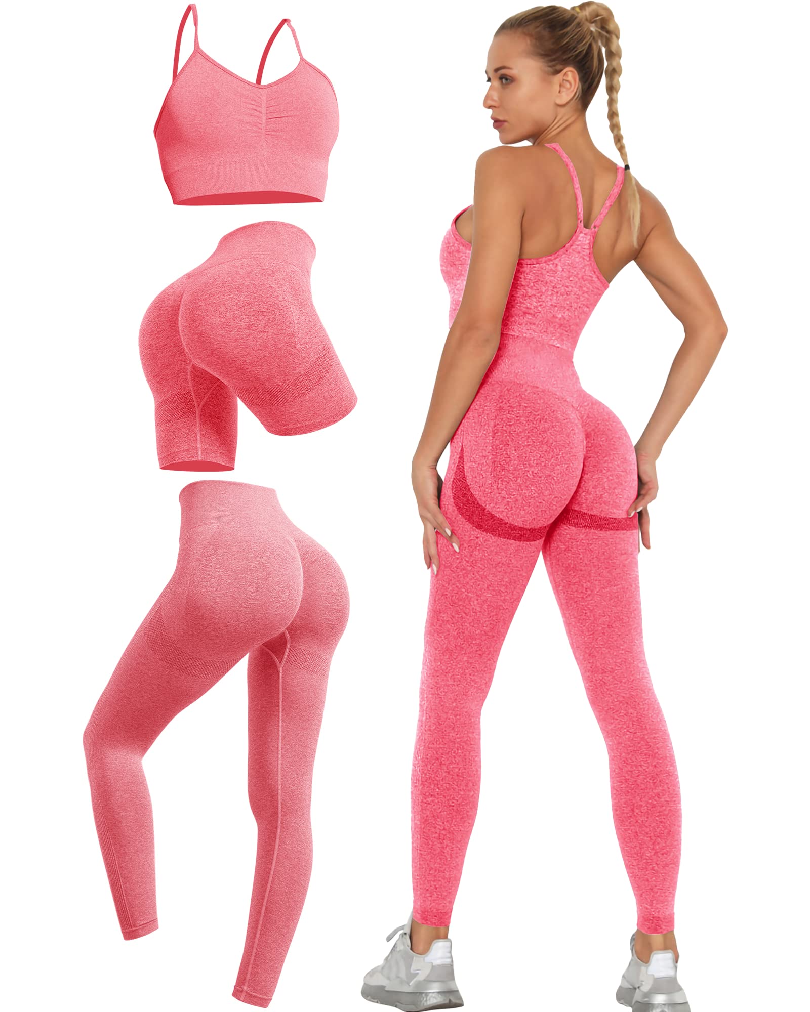 3 Piece Workout Sets for Women Scrunch Butt Lift Leggings Shorts with Pleated Strappy Sports Bra Active Outfits (Pink- 3 Piece,M)