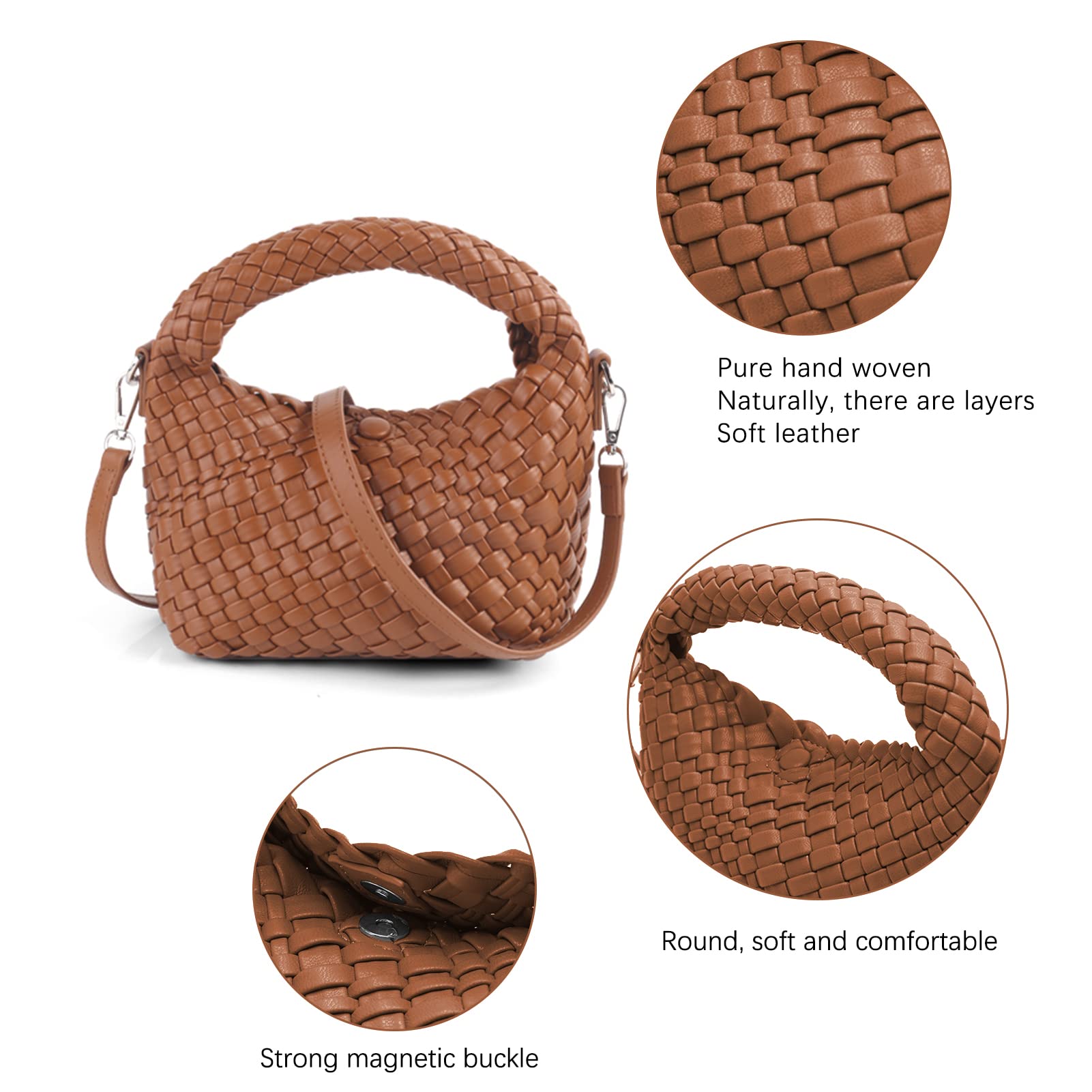 Women Woven Tote Small Crossbody Bag, Weave Quilted Purse Square Shoulder Bag Woven Handbag with Detachable Strap (Brown)