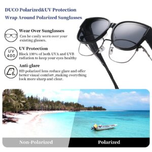 DUCO Fit Over Sunglasses for Men Women Wear Over Glasses Retro Wrap Around Polarized Sun Glasses UV400 Protection (A-Black Frame Grey Lens)