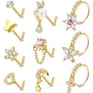 ZELORES 10 Pcs 20G Gold Nose Ring Studs for Women Stainless Steel L Shaped Dangle Nose Studs CZ Cross Butterfly Gold Dangle Nose Rings Hoops Set (Gold Tone)