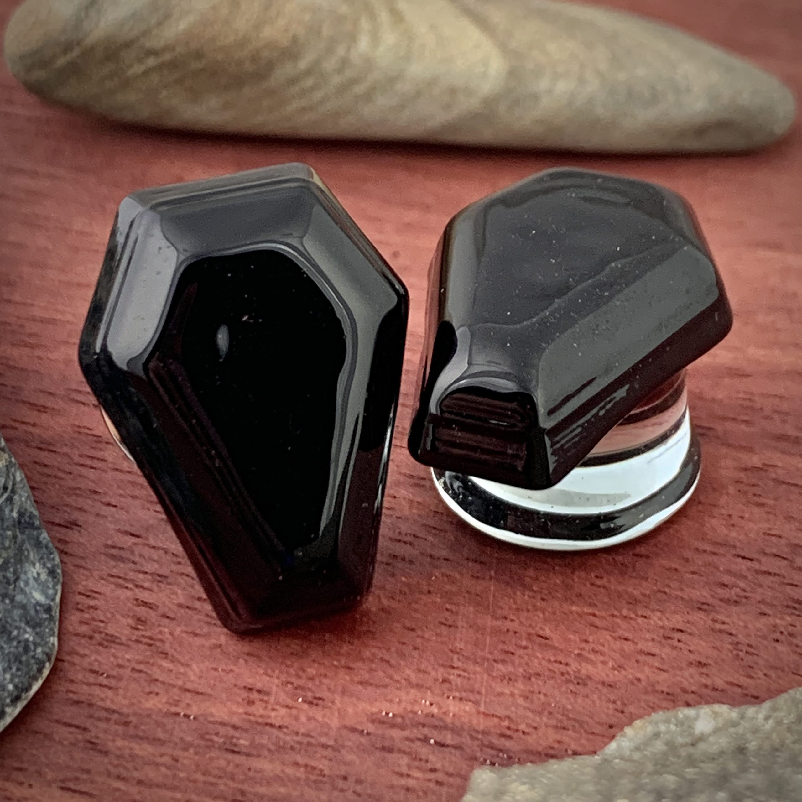 Mystic Metals Body Jewelry Pair of Black Coffin Glass Double Flared Plugs (PG-594) (2g (6mm))