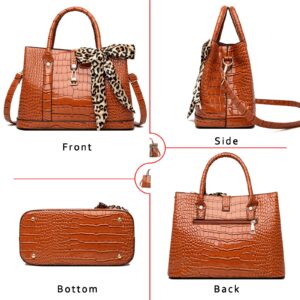 JHVYF Women Classic Shoulder Bag Lady Faux Patent Leather Tote Bags Retro Handbags With Leopard Print Ribbon Bow Crossbody Bag 3pcs Set Brown