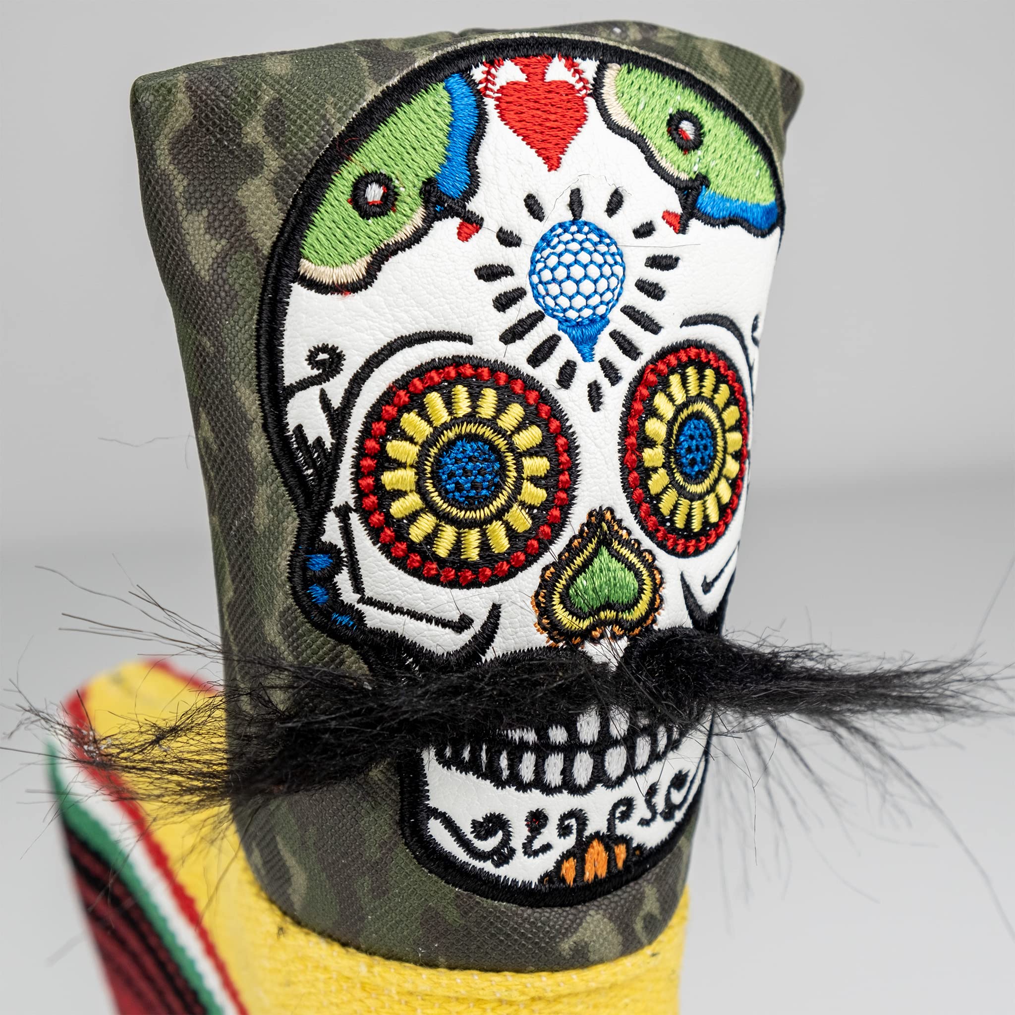 Pins & Aces LE Sugar Skull Mustache Blade Putter Head Cover - Premium, Hand-Made Leather Putter Headcover - Funny, Tour Quality Golf Club Cover - Style and Customize Your Golf Bag (Green Camo)