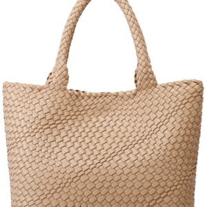 Woven Bag for Women, Fashion Top Handle Shoulder Bag Vegan Leather Shopper Bag Large Travel Tote Bag (Apricot)