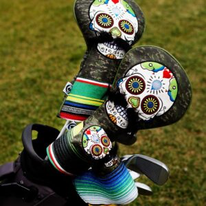 Pins & Aces Golf Co. LE Sugar Skull Mustache Driver Head Cover - Premium, Hand-Made Leather 1W Headcover - Funny, Tour Quality Golf Club Cover - Style and Customize Your Golf Bag Green Camo