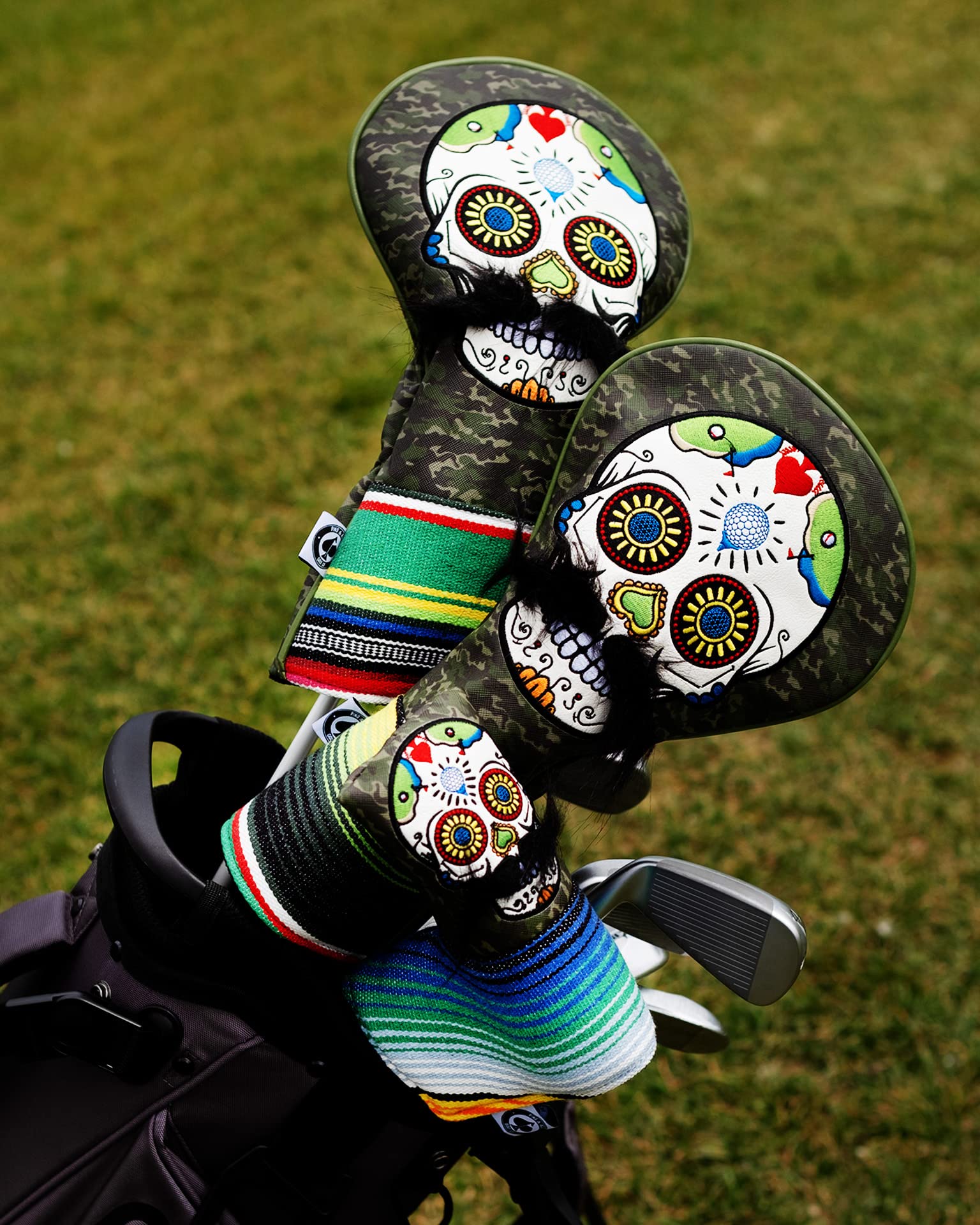 Pins & Aces Golf Co. LE Sugar Skull Mustache Driver Head Cover - Premium, Hand-Made Leather 1W Headcover - Funny, Tour Quality Golf Club Cover - Style and Customize Your Golf Bag Green Camo