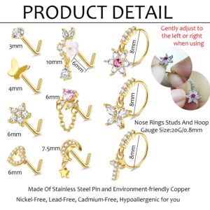 ZELORES 10 Pcs 20G Gold Nose Ring Studs for Women Stainless Steel L Shaped Dangle Nose Studs CZ Cross Butterfly Gold Dangle Nose Rings Hoops Set (Gold Tone)