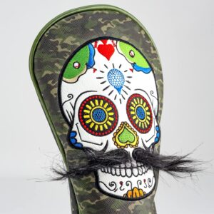 Pins & Aces Golf Co. LE Sugar Skull Mustache Driver Head Cover - Premium, Hand-Made Leather 1W Headcover - Funny, Tour Quality Golf Club Cover - Style and Customize Your Golf Bag Green Camo